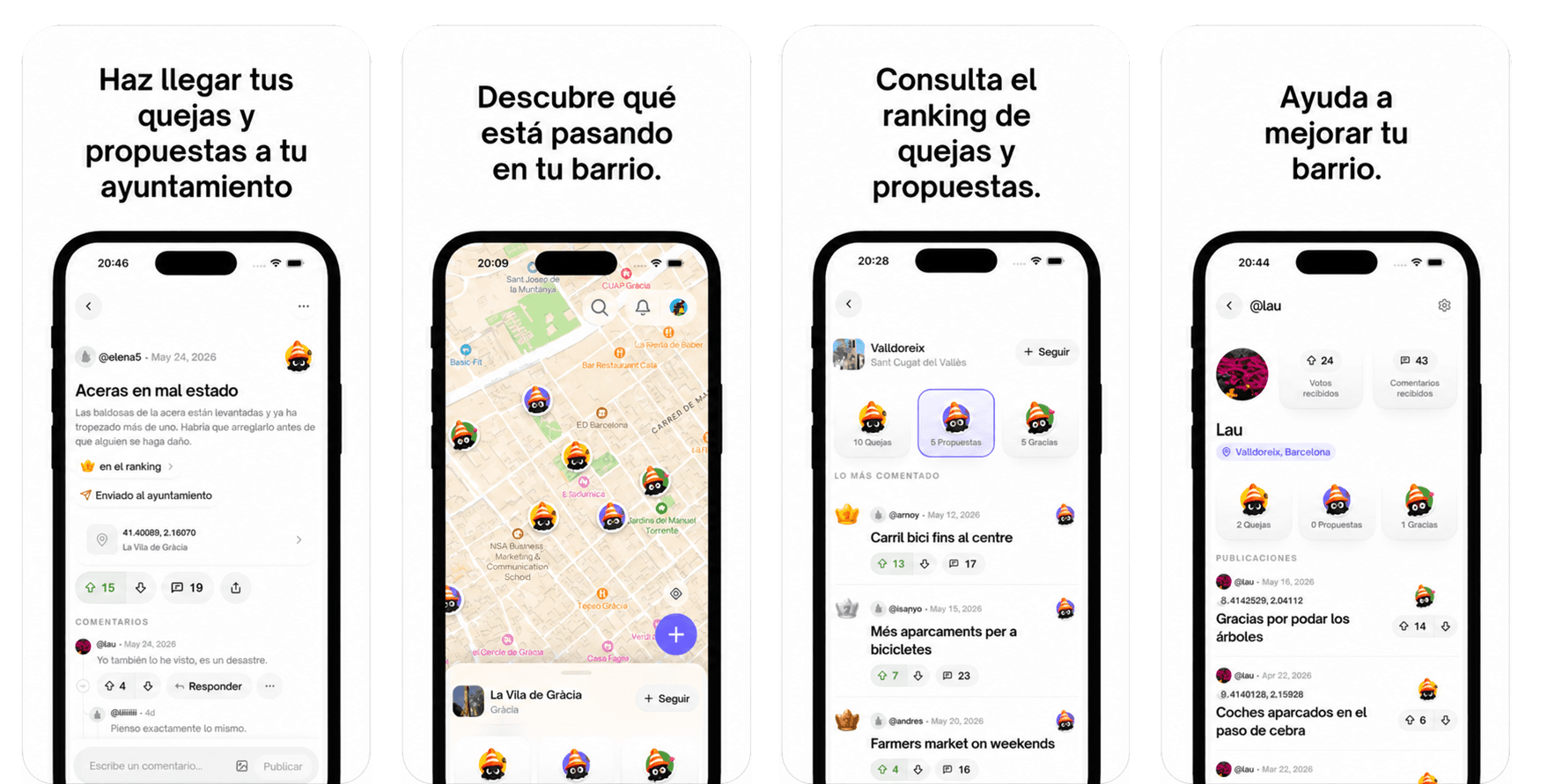 Cuatro pantallas de xibarri: incidencia, mapa, ranking y perfil