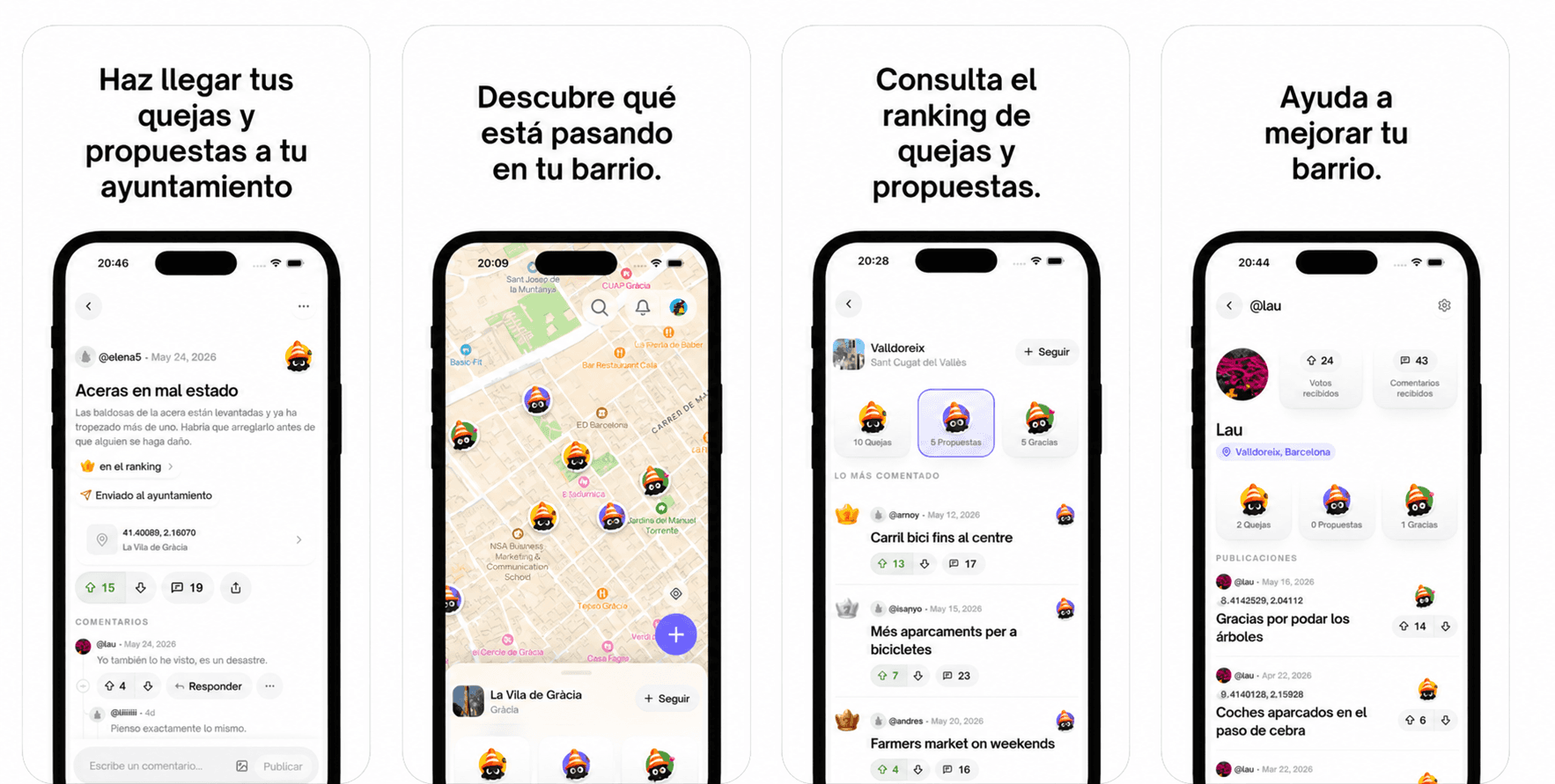 Cuatro pantallas de xibarri: incidencia, mapa, ranking y perfil